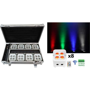 Rockville BEST PACK 50 (8) White Battery Wash Lights+Wireless DMX+Charging Case