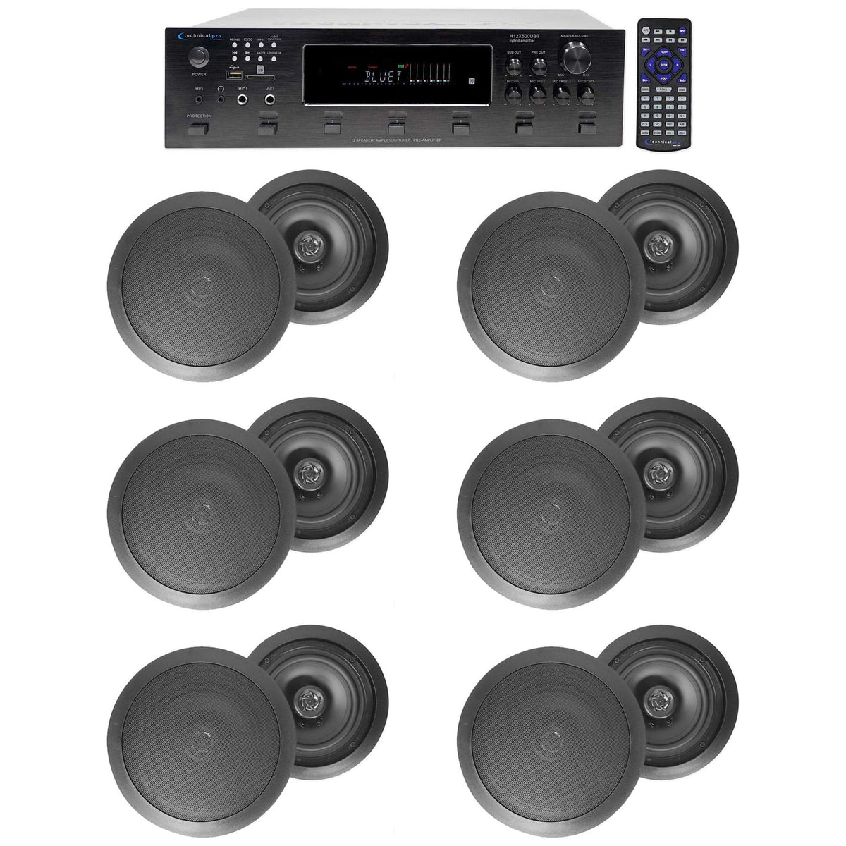 H12X500UBT 6-Zone Receiver + (12) Black 8 In Ceiling Speakers For Restaurant/Bar
