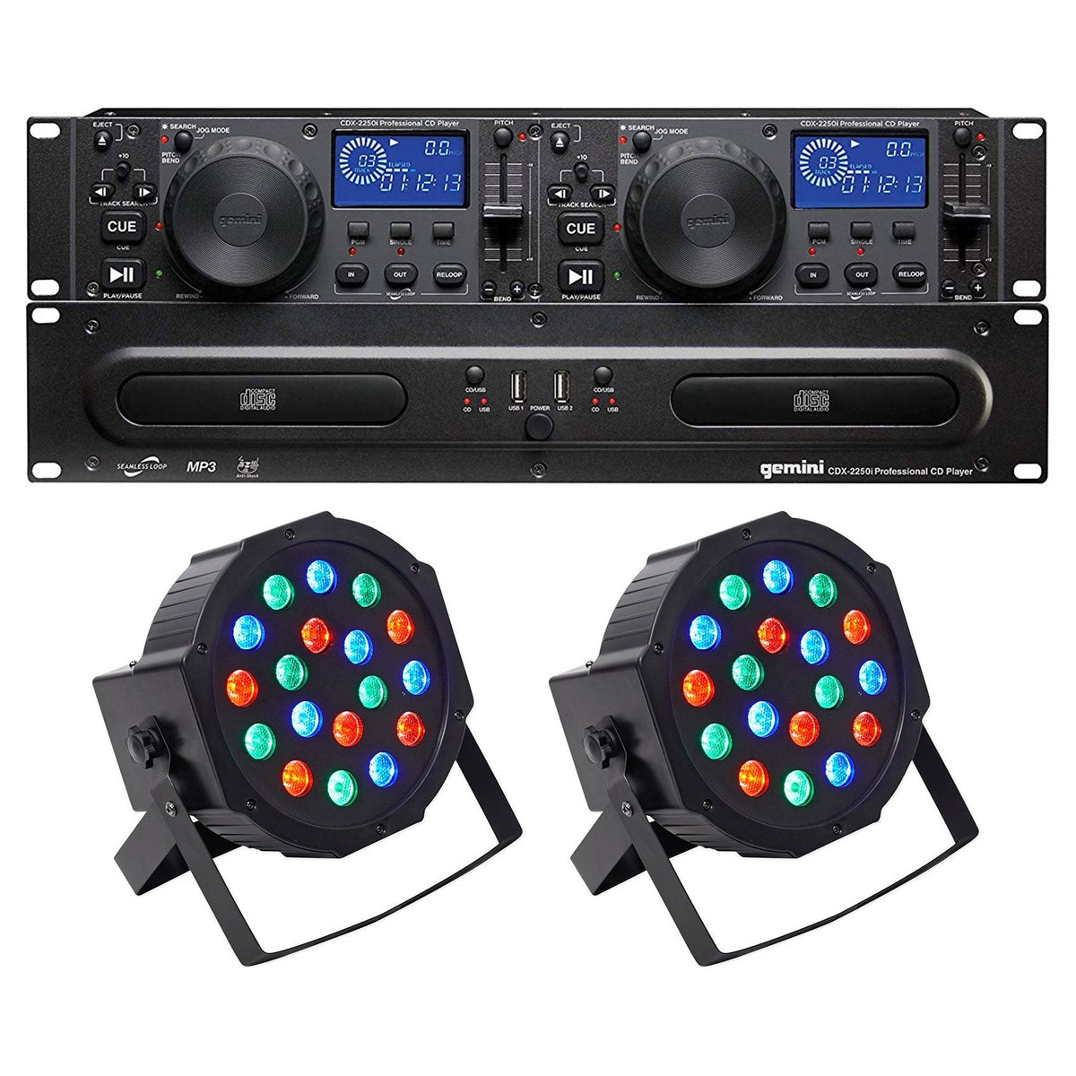 Gemini CDX-2250i DJ Dual Two Deck CD/MP3 Media Player+(2) Par Wash Up-Lights