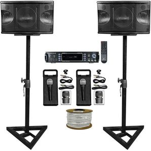 (2) Rockville KPS80 8" Karaoke Speakers+Bluetooth Amp+Adjustable Stands+(2) Mics + Rockville R14GSBR100 Red/Blk 14 Gauge 100' Ft. Mini Spool Car Audio Speaker Wire