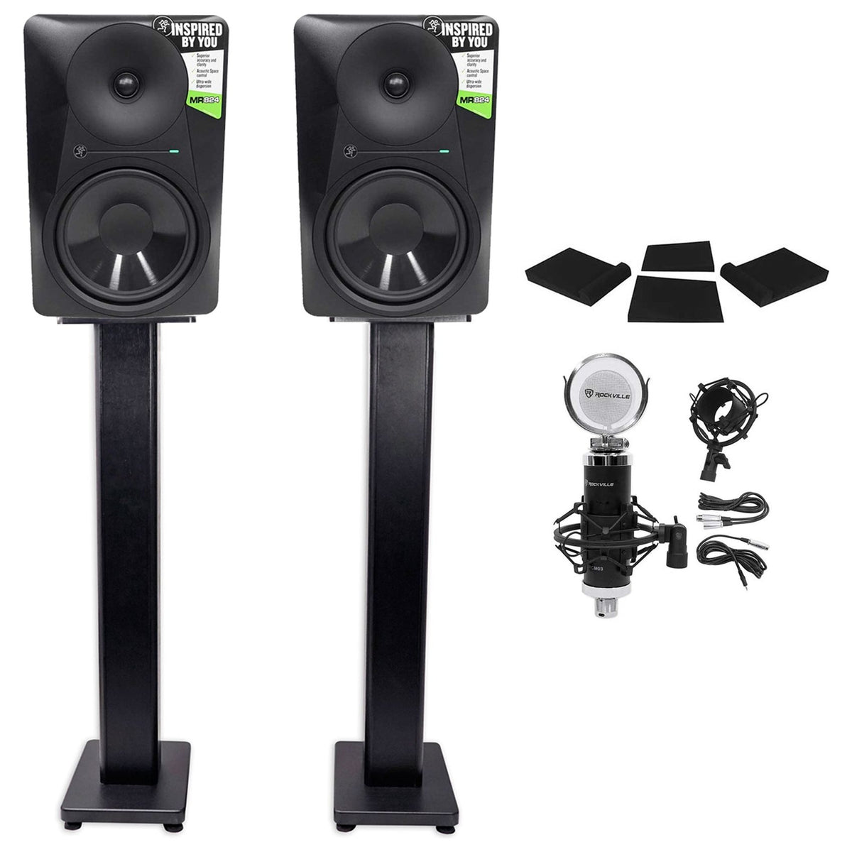 (2) MR824 8in Powered Studio Monitor Bundle with Stands, Pads & Condenser Mic