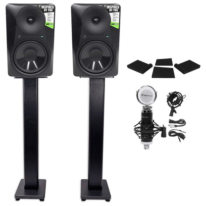 (2) MR824 8in Powered Studio Monitor Bundle with Stands, Pads & Condenser Mic