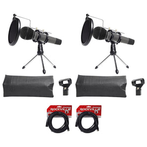 2 Audio Technica Dynamic Podcasting Podcast Microphones+Stands+Pop Filter+Cables