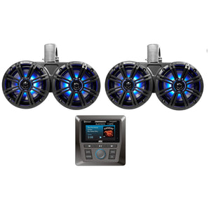 (2) KICKER 45KMTDC65 Dual 6.5" 390w Marine Wakeboard Tower LED Speakers+Receiver