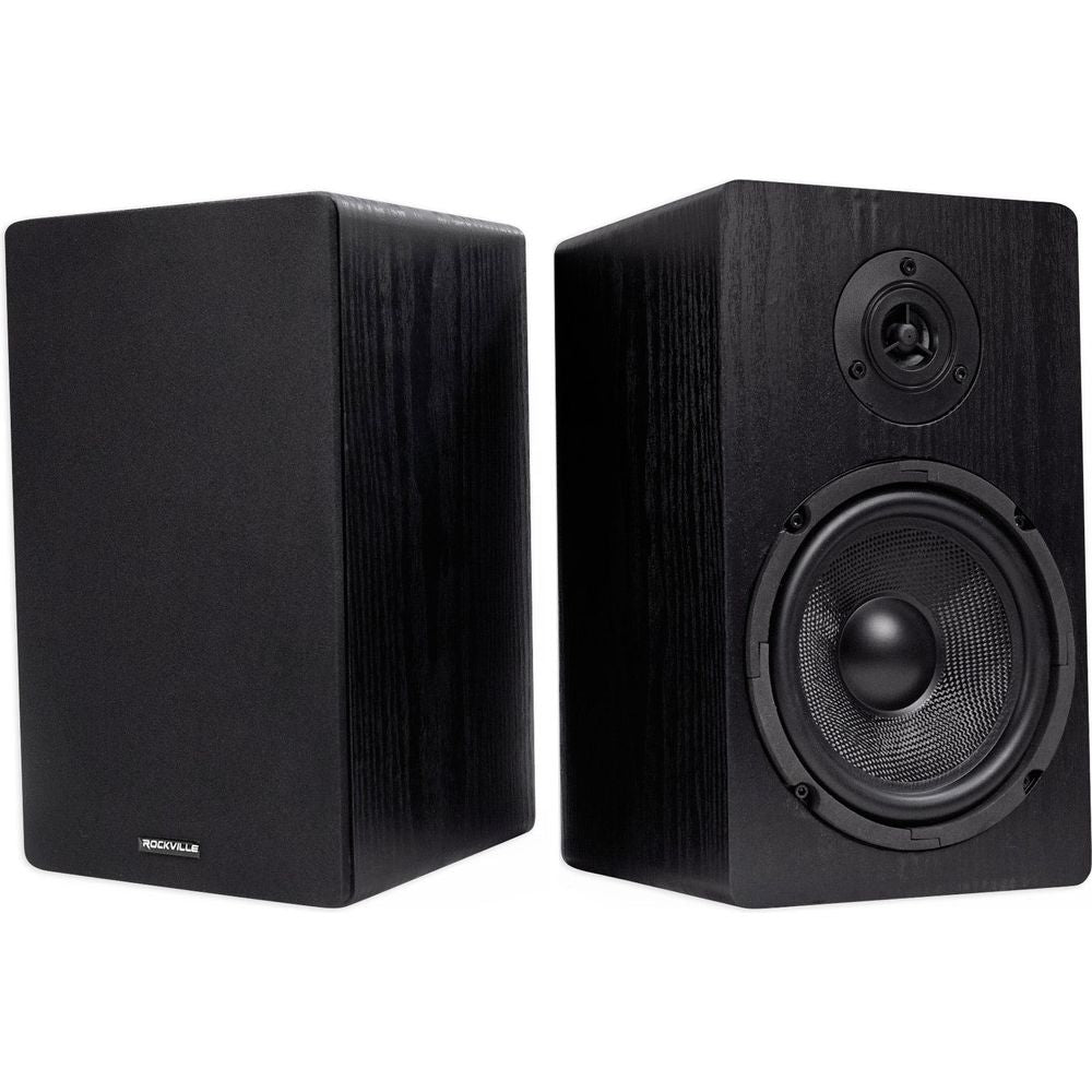 (2) RockShelf 64B Black 6.5" Home Bookshelf Speakers + 8" Wood Stands