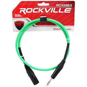 Rockville RCXMB3G 3' Male REAN XLR to 1/4'' TRS Cable Green 100% Copper