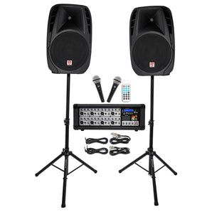 Rockville RPG2X15 Powered Bluetooth Mixer+(2) 15" Speakers+Stands+Wireless Mics
