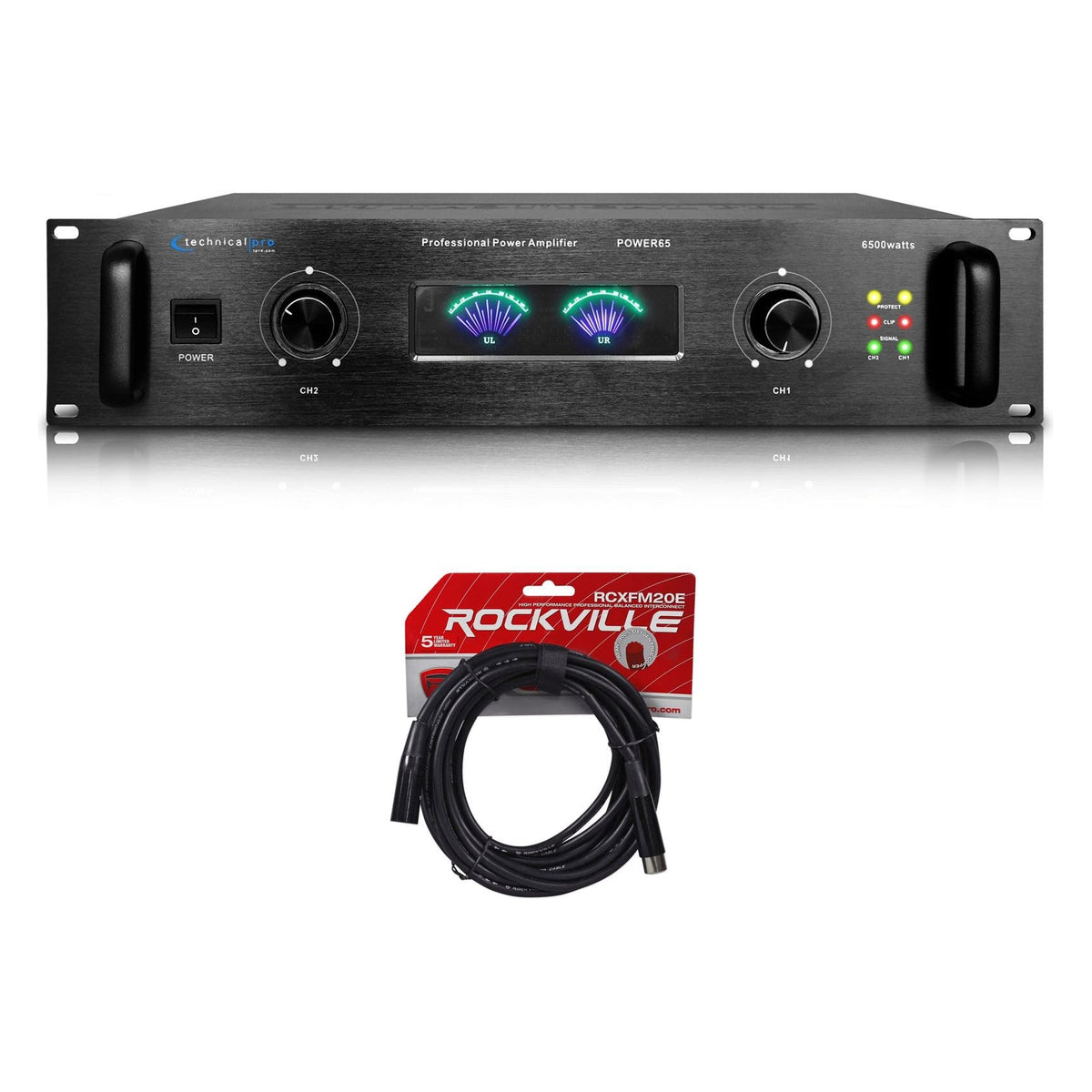 POWER65 6500W 2 Channel 2U Power Amplifier Amp + XLR Cable