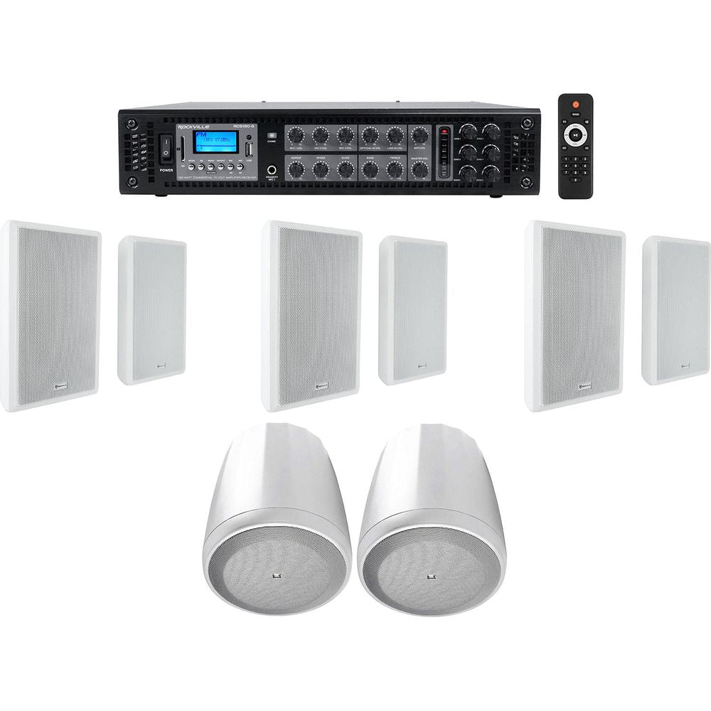 6-Zone Amp + 2 White Pendant + 6 Slim White Wall Speakers