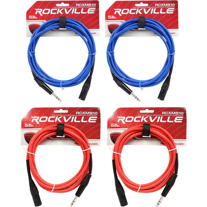 4 10' Male REAN XLR to 1/4'' TRS Cable (2 Red and 2 Blue)