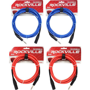 4 Rockville 10' Male REAN XLR to 1/4'' TRS Cable (2 Red and 2 Blue)