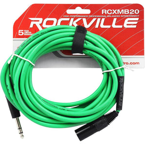 Rockville RCXMB20G 20' Male REAN XLR to 1/4'' TRS Cable Green 100% Copper