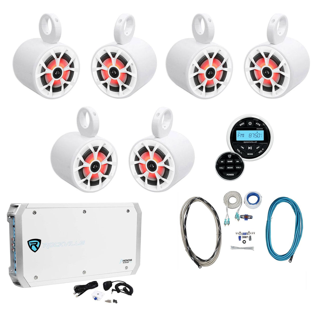 (6) 6.5" 700W Marine Wakeboard LED Speakers + Receiver + Amplifier + Wires