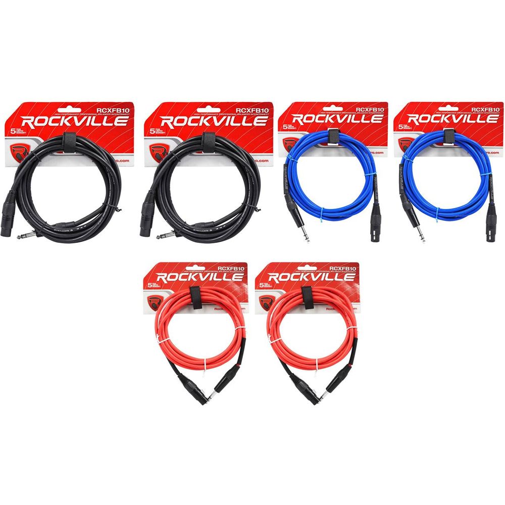 6-Pack 10' Female REAN XLR to 1/4" TRS Balanced Cables (3 Colors x 2)