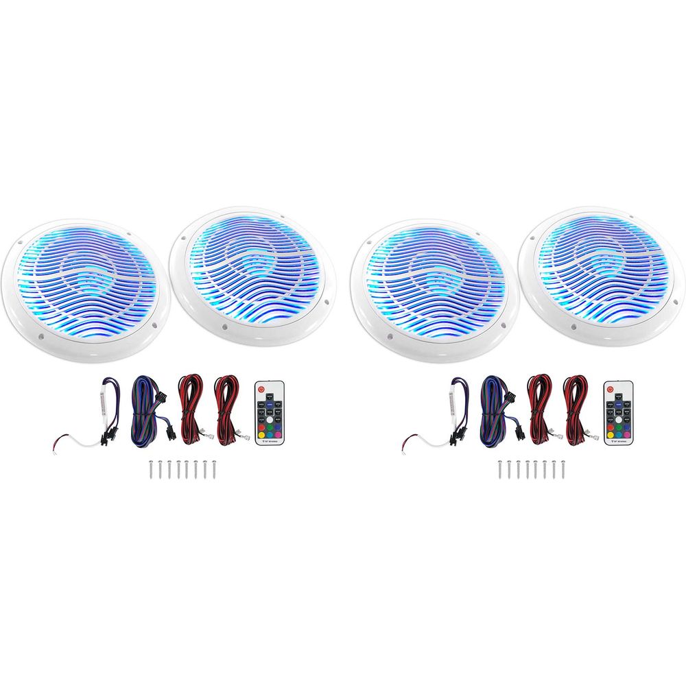 (4) RMC65LW 6.5" 600W White Waterproof Hot Tub Speakers w/ LEDs + Remote
