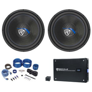 (2) Rockville K5 W15K5S2 15" 2000w 2 Ohm Car Subwoofers+Mono Amplifier+Amp Kit