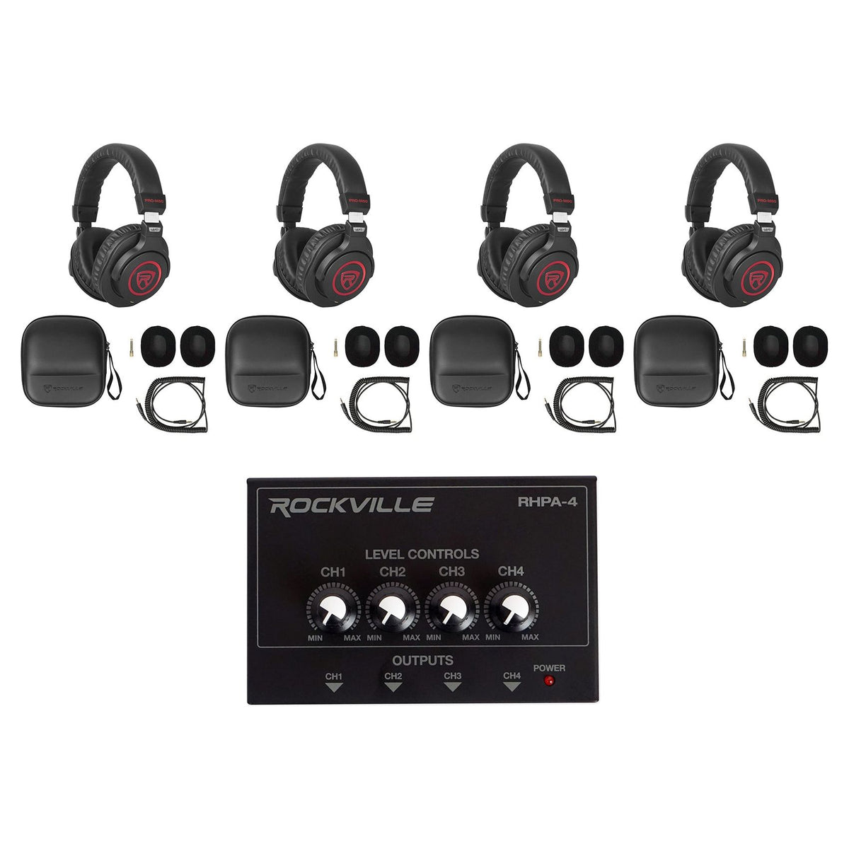 PRO‑M50 SR Headphones 4-Pack + RHPA4 Headphone Amplifier Bundle