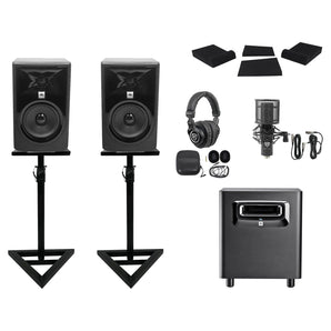 2) JBL 306P MkII 6" Powered Studio Monitors+Stands+Pads+Subwoofer+Headphones+Mic
