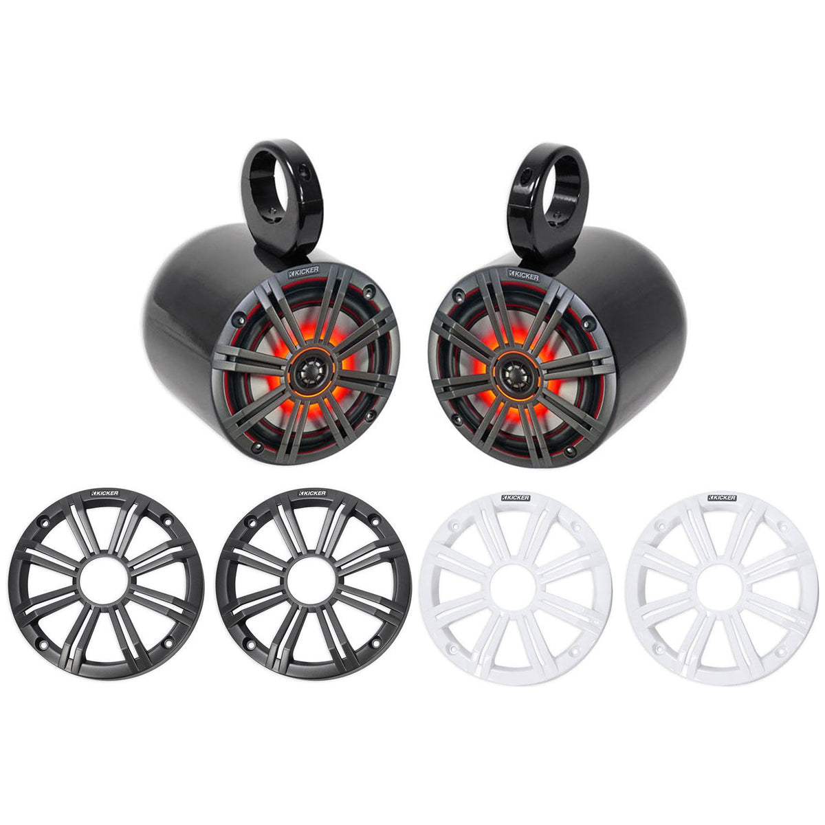 Pair KICKER 45KM654L 6.5" 390w Black Marine Wakeboard Tower LED Boat Speakers