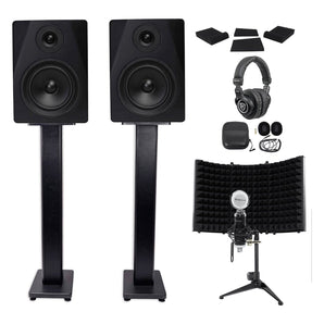 2) Rockville DPM5B 5.25" 300w Powered Studio Monitors+Stands+Headphones+Mic+Foam