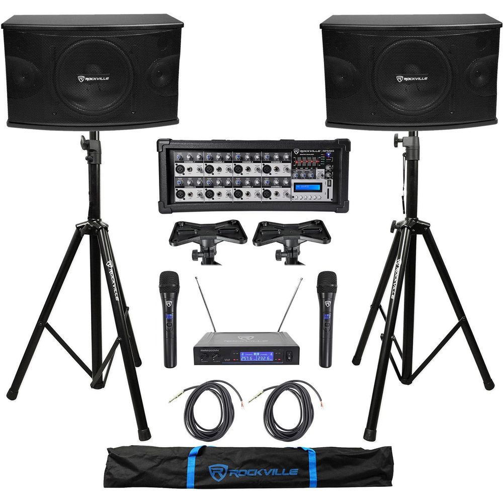 KPS10 10" Karaoke Speakers 2-Pack + RPM85 Mixer + Wireless Mics + Stands Bundle