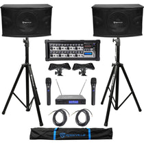 KPS10 10" Karaoke Speakers 2-Pack + RPM85 Mixer + Wireless Mics + Stands Bundle
