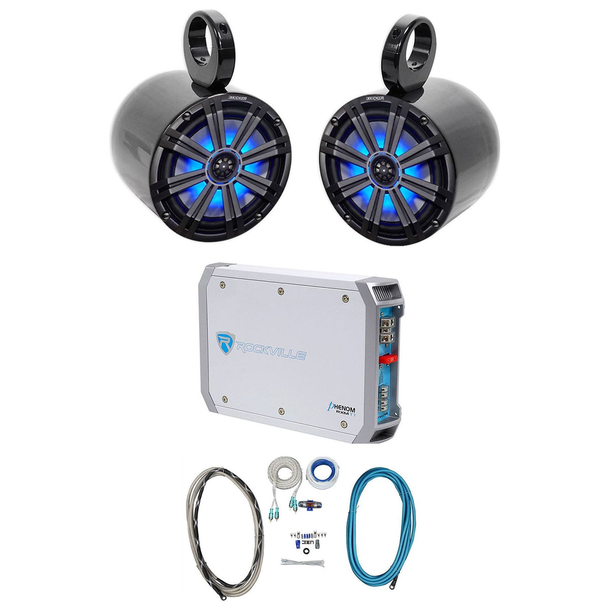 Pair KICKER 45KM84L 8" 600 Watt Marine LED Wakeboard Speakers+Amplifier+Amp Kit