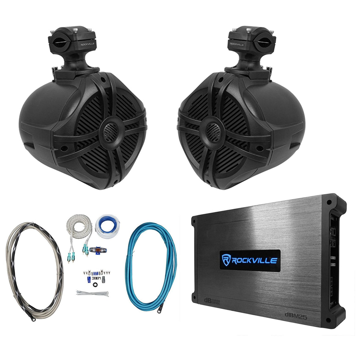 (2) Rockville RWB70B Black 6.5" Marine Wakeboard Swivel Tower Speakers+Amplifier