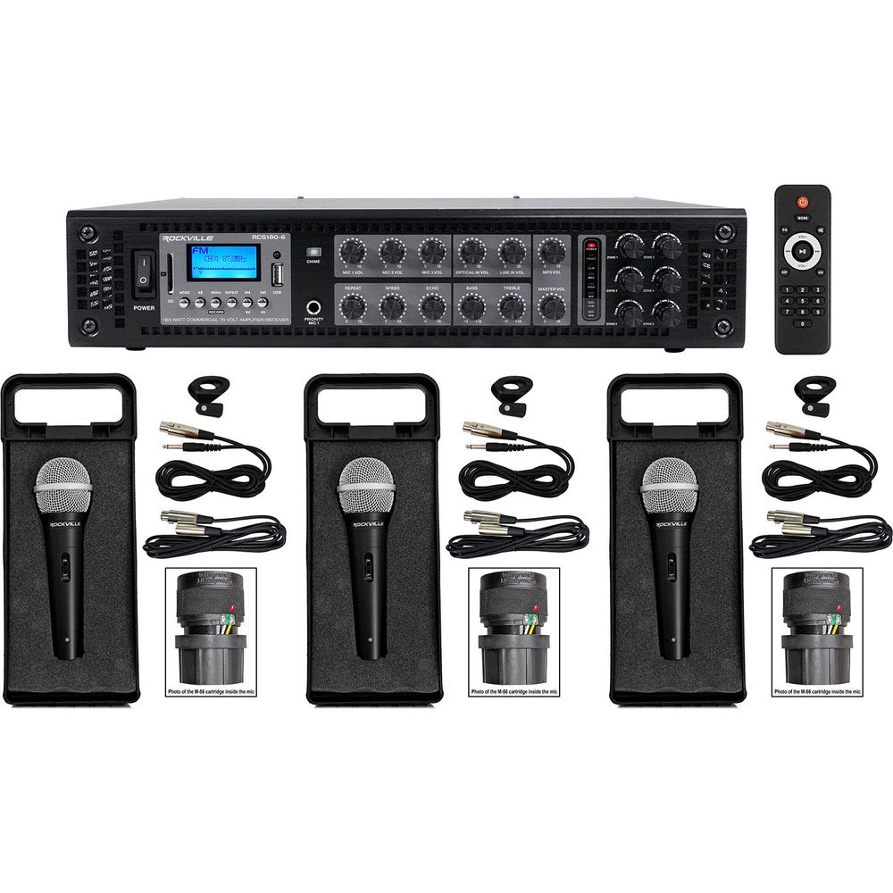 RCS180-6 180w 6 Zone 70v Commercial Amplifier/Bluetooth Receiver+Mics
