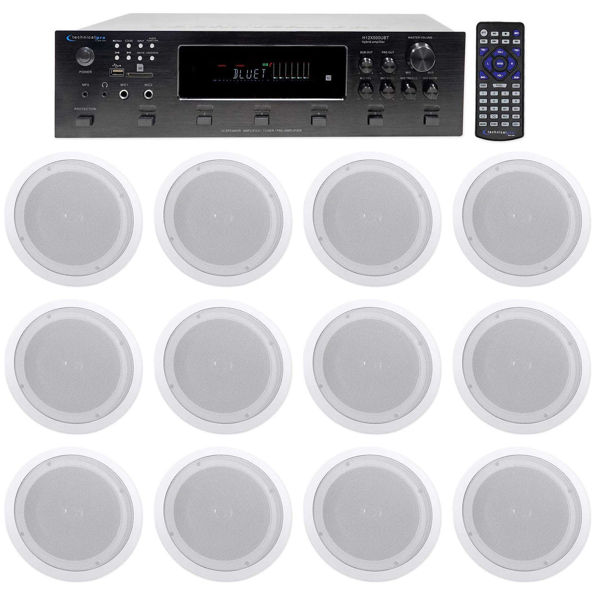 H12X500UBT 6-Zone Receiver + (12) White 8 In Ceiling Speakers For Restaurant/Bar