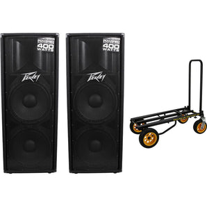 (2) Peavey PV215D PV 215D 400w Powered Dual 15"  DJ PA Speakers + Transport Cart