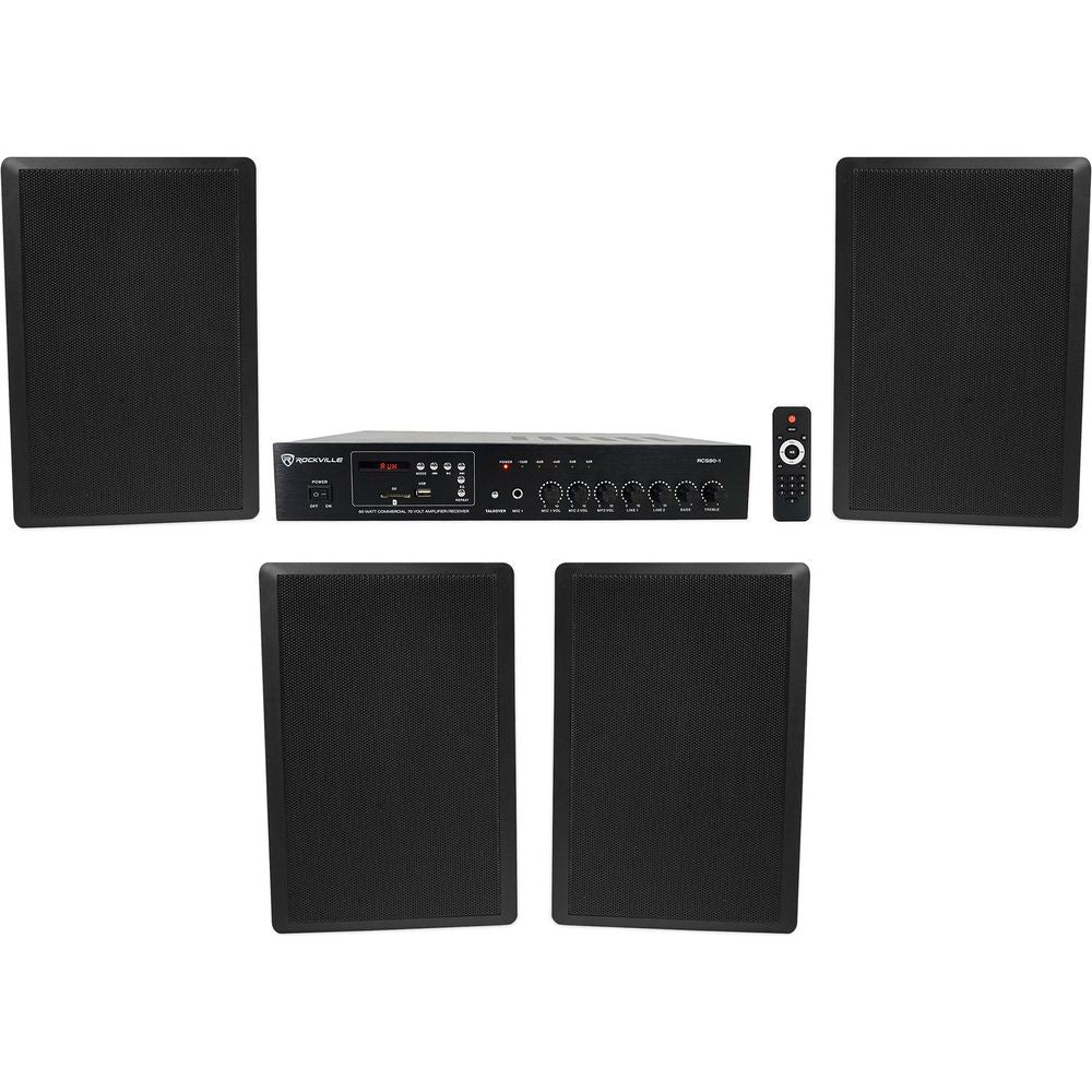 RCS80-1 60W Amplifier + RockSlim 70B Black Wall Speakers 4-Pack Bundle