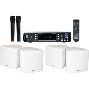 Rockville Hybrid Home Theater Karaoke Receiver+Mics+(4) 3.5" White Cube Speakers