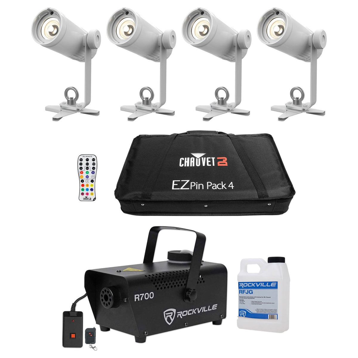 Ezpin Pack 4 Pin Spot Fixtures + IRC-6 Remote + Case + R700 Fog Machine