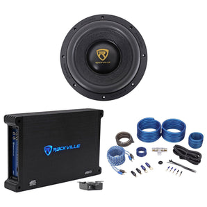 Rockville W10K9D4 10" 3200 Watt Car Audio Subwoofer+Mono Amplifier+Amp Kit