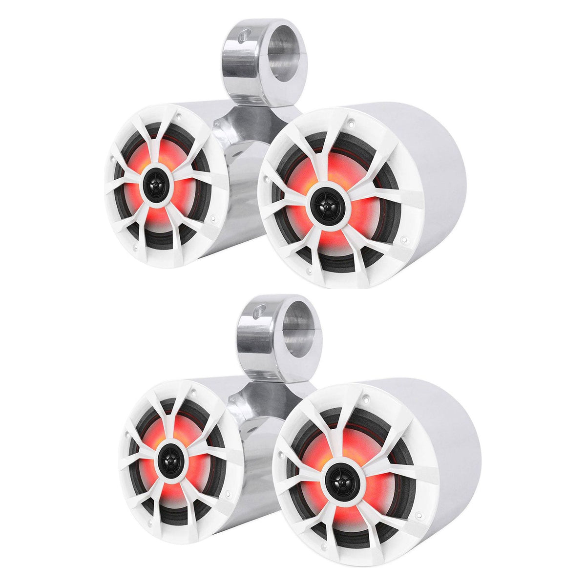 (4) RKL65MBW 6.5" Marine Wakeboard LED Speakers+(2) Dual Silver Enclosures