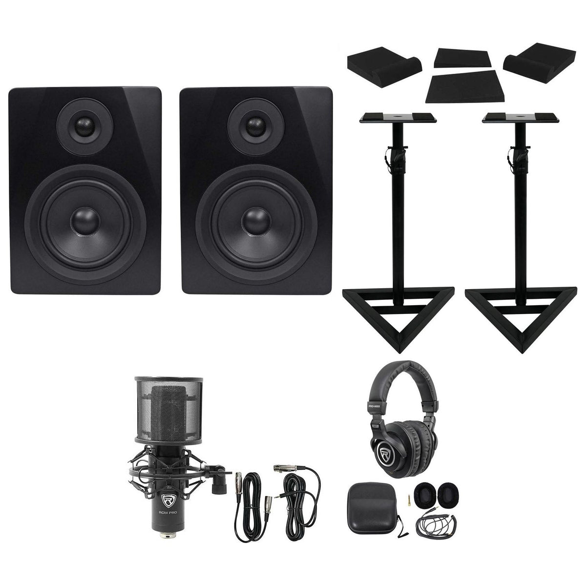 (2) APM5B 5.25" Powered USB Studio Monitors + Stands + Pads + Mic + Headphones