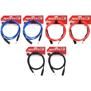 6 Rockville 6' Male REAN XLR to 1/4'' TRS Cable (3 Colors x 2 of Each)