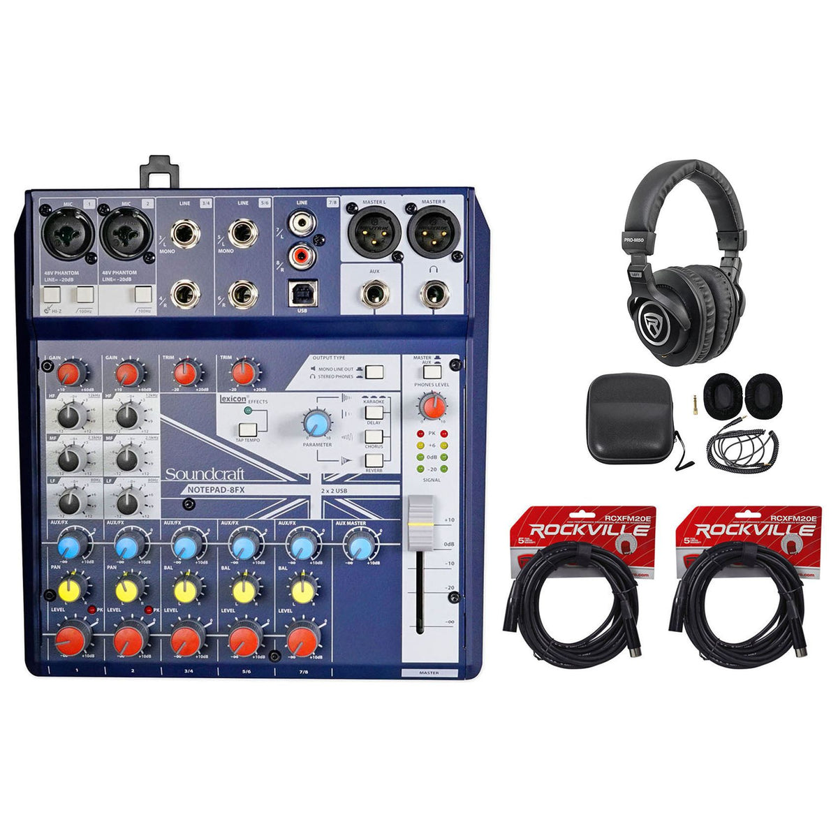Notepad-8FX 8-Channel Mixer Bundle with USB, Effects, Cables & Headphones