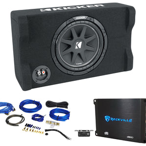 KICKER 48CDF104 Comp12 10" 300w Down Firing Car Subwoofer+Mono Amplifier+Amp Kit