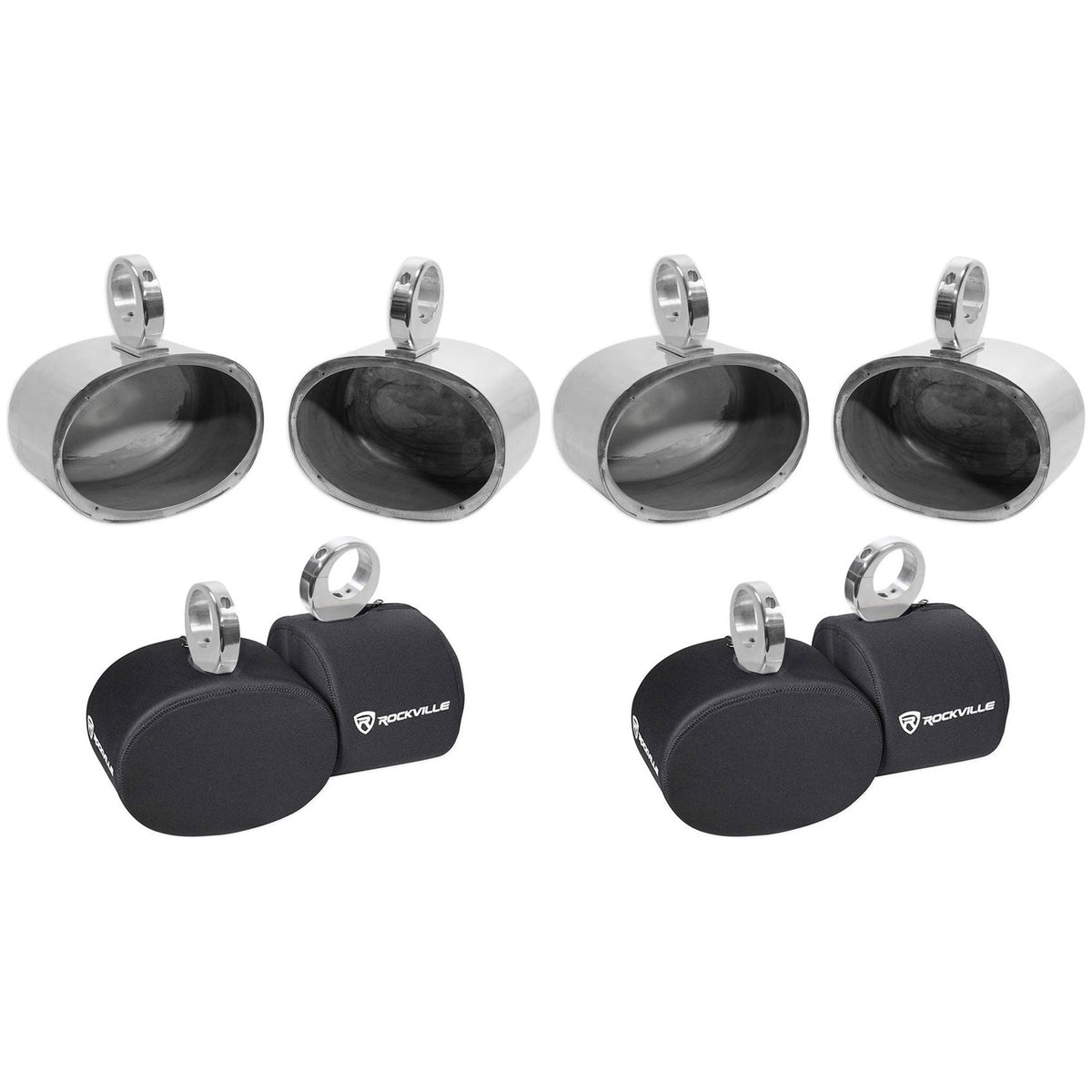 (4) MAC69S 6x9" Silver Aluminum Wakeboard Tower Speaker Pods+Covers