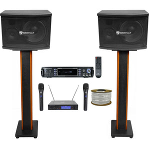 (2) Rockville KPS65 Karaoke/Pro Speakers+Bluetooth Amp+36" Stands+Wireless Mics + Rockville R14GSBR100 Red/Blk 14 Gauge 100' Ft. Mini Spool Car Audio Speaker Wire