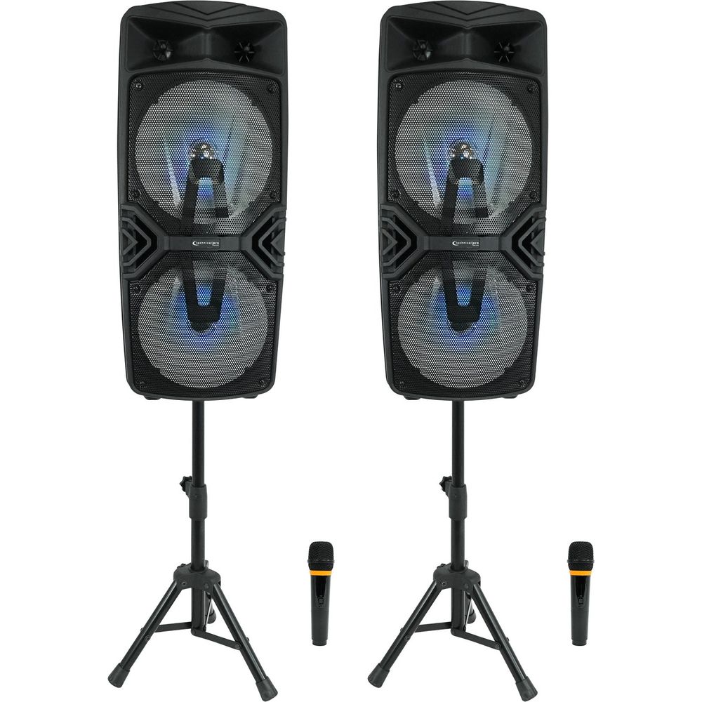 (2) STAGE28 Dual 8" Wireless Linking Rechargeable LED Speakers w/Stands & Mics