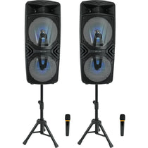 (2) STAGE28 Dual 8" Wireless Linking Rechargeable LED Speakers w/Stands & Mics