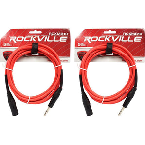 2 Rockville RCXMB10-R Red 10' Male REAN XLR to 1/4'' TRS Balanced Cables