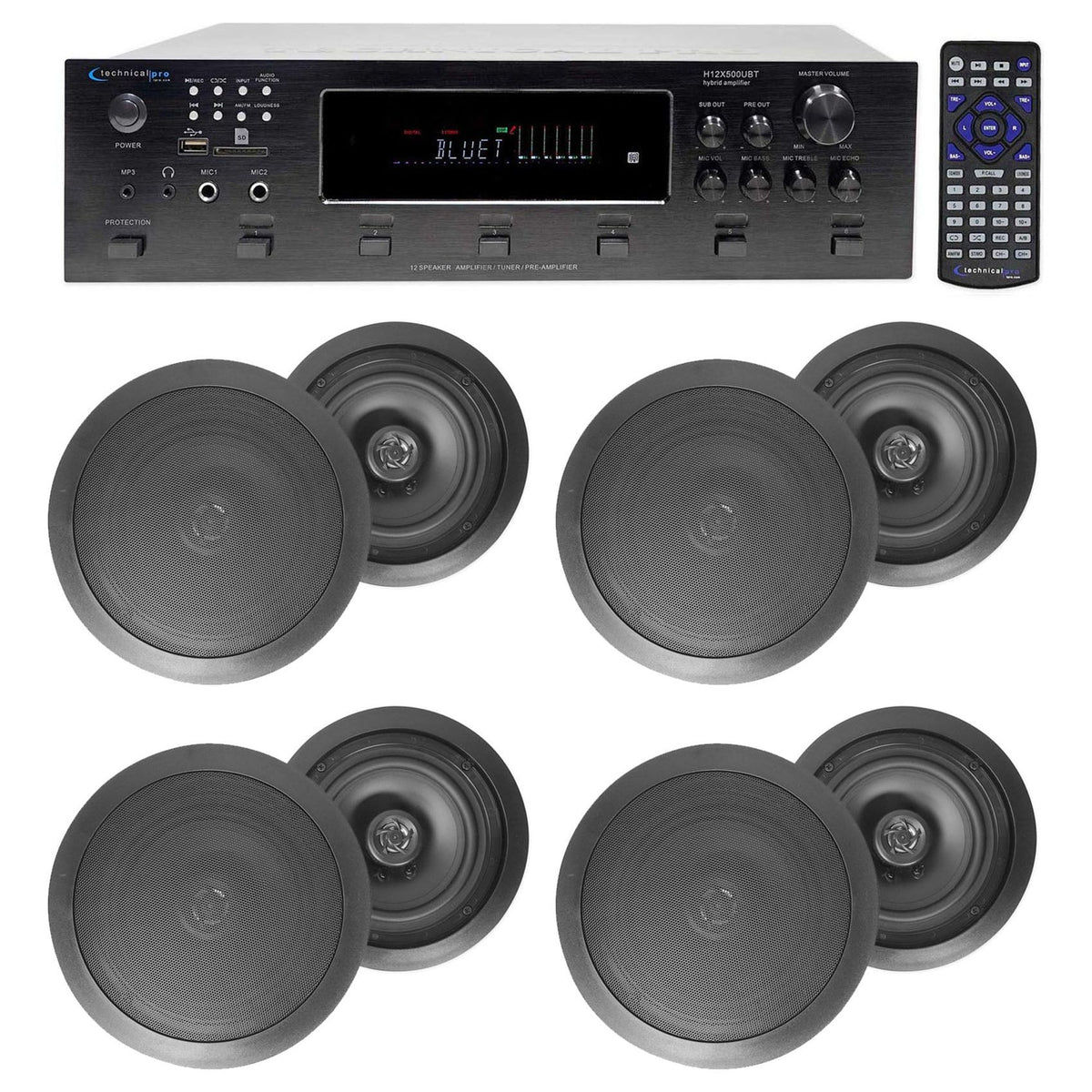 H12X500UBT 6-Zone Receiver & 4x HC85 Black 8" Speaker Bundle
