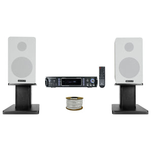 Rockville RPA60BT Bluetooth Receiver+2) 5.25" White Bookshelf Speakers+8" Stands + Rockville R14GSBR100 Red/Blk 14 Gauge 100' Ft. Mini Spool Car Audio Speaker Wire