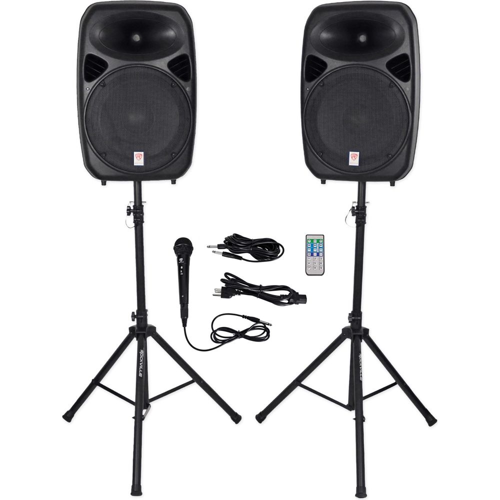 (2) 15" Powered Speakers+Stands w/Bluetooth For Backyard Movie Theater