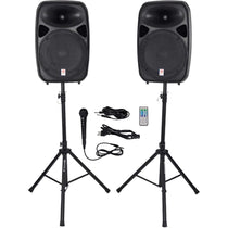 (2) 15" Powered Speakers+Stands w/Bluetooth For Backyard Movie Theater