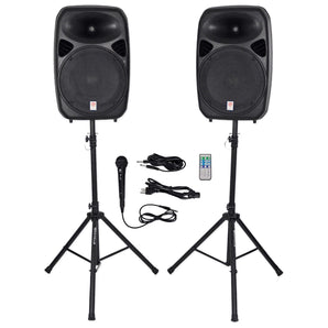 Rockville RPG152K 15" Powered Speakers w/Bluetooth+Dual UHF Wireless Mics+Stands
